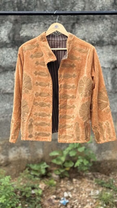 Womens Gold Velvet Embroidered Jacket with Floral Design