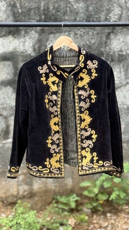 Womens Black Velvet Embroidered Jacket with Floral Design
