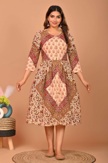 Beige & Red Block Print A-Line Midi Dress with Ethnic Motifs