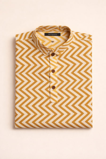 Men’s Yellow Chevron Print Short Kurta – Regular Fit