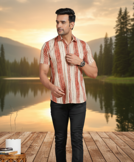 Rust & Cream Vertical Stripe Half Sleeve Cotton Shirt for Men