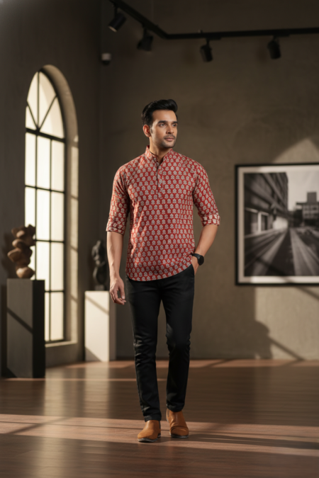 Men's Rust & Beige Ikat-Print Cotton Short Kurta