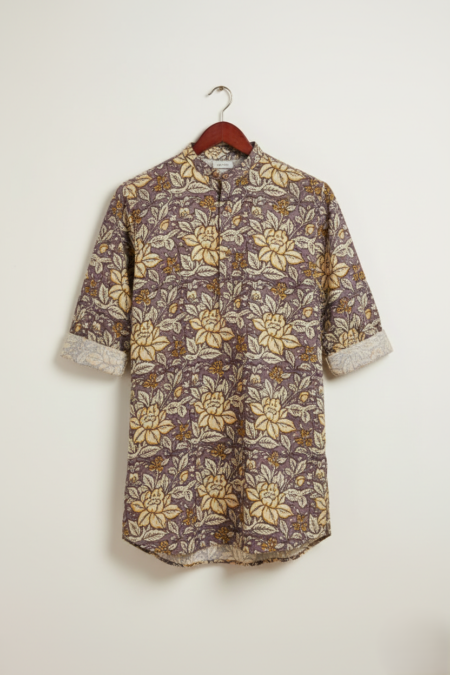 Men's Slim Fit Geometric & Floral Printed Cotton Short Kurta