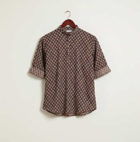 Men's Rust & Cream Floral Printed Cotton Short Kurta