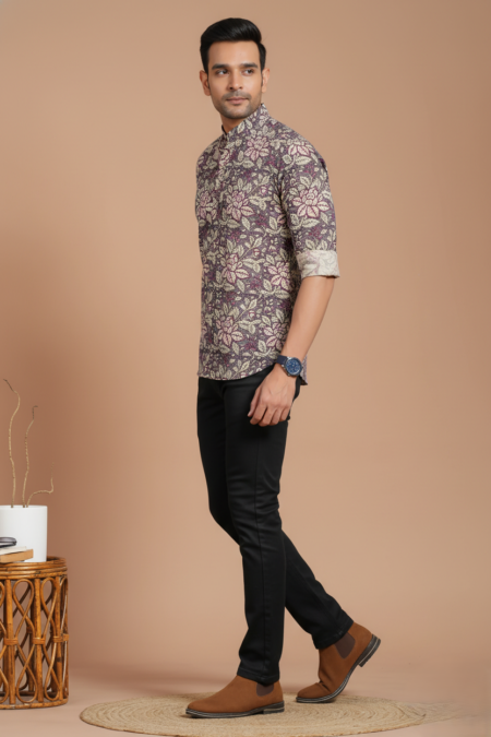 Men’s Mauve Floral Cotton Short Kurta
