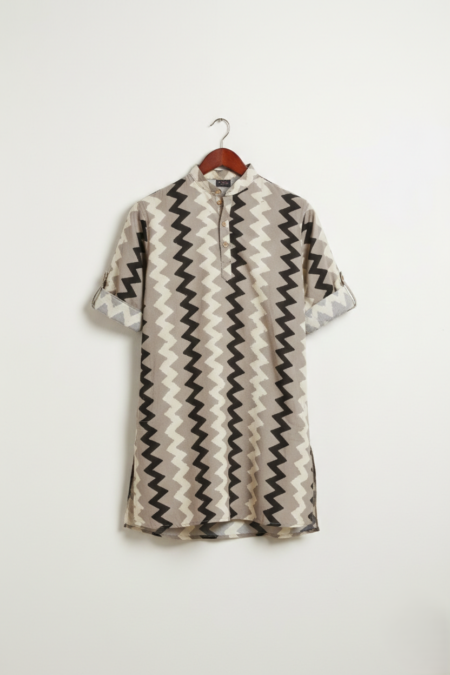 Men’s Mauve & Beige Floral Print Cotton Short Kurta